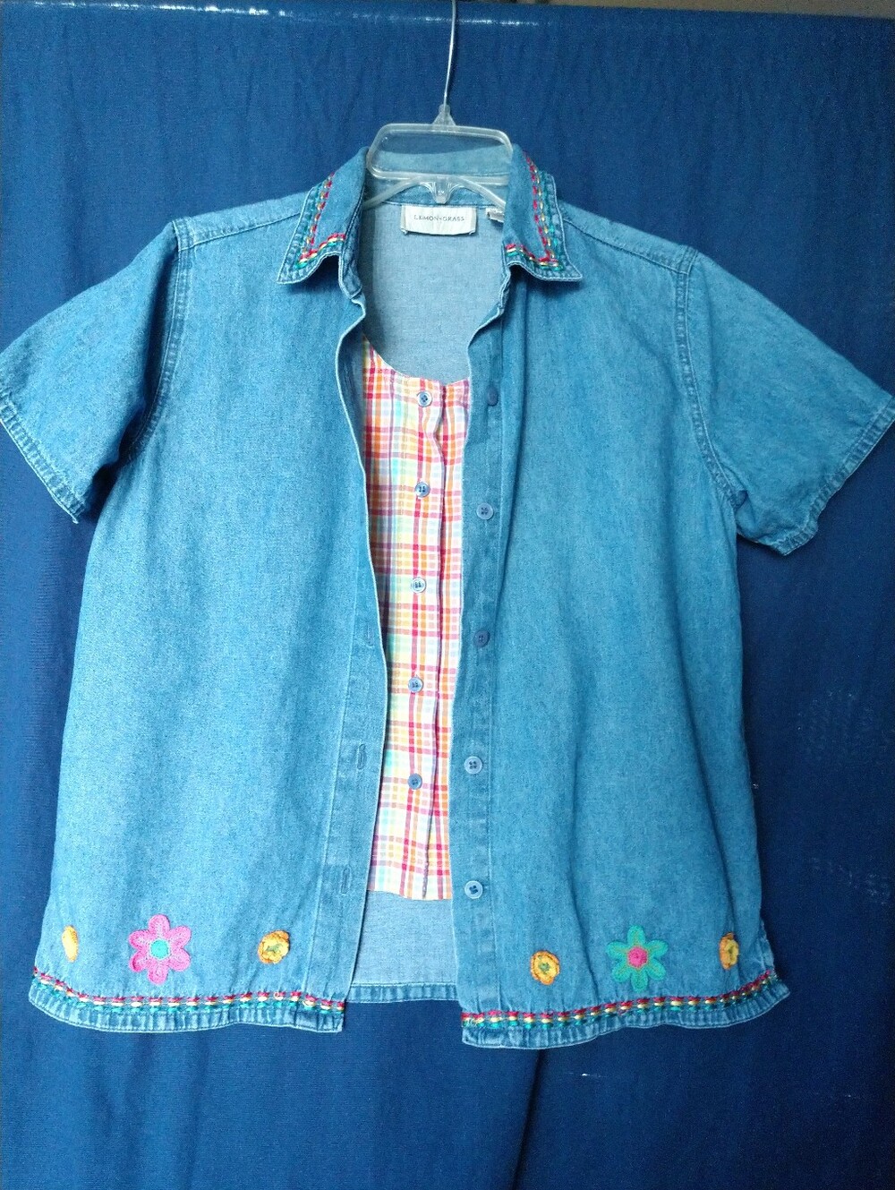Lemon Grass Denim Shirt Embroidered Floral Short Sleeve Size 8 Chest 36"